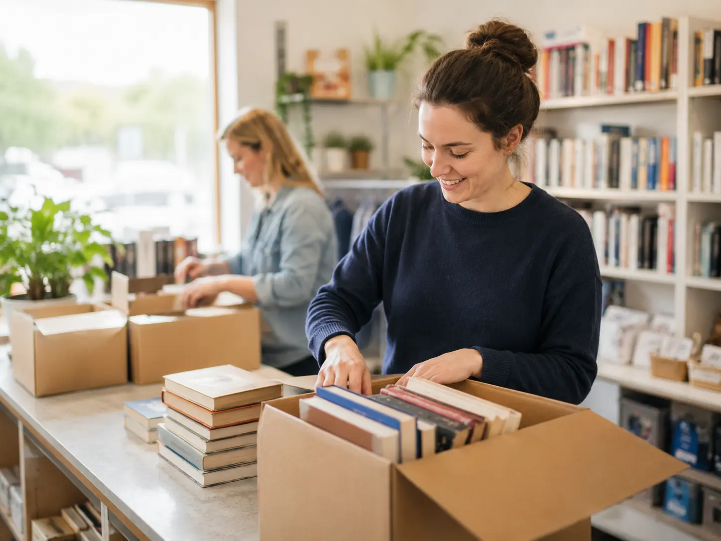 Volunteers sorting donated books into boxes in a charity shop