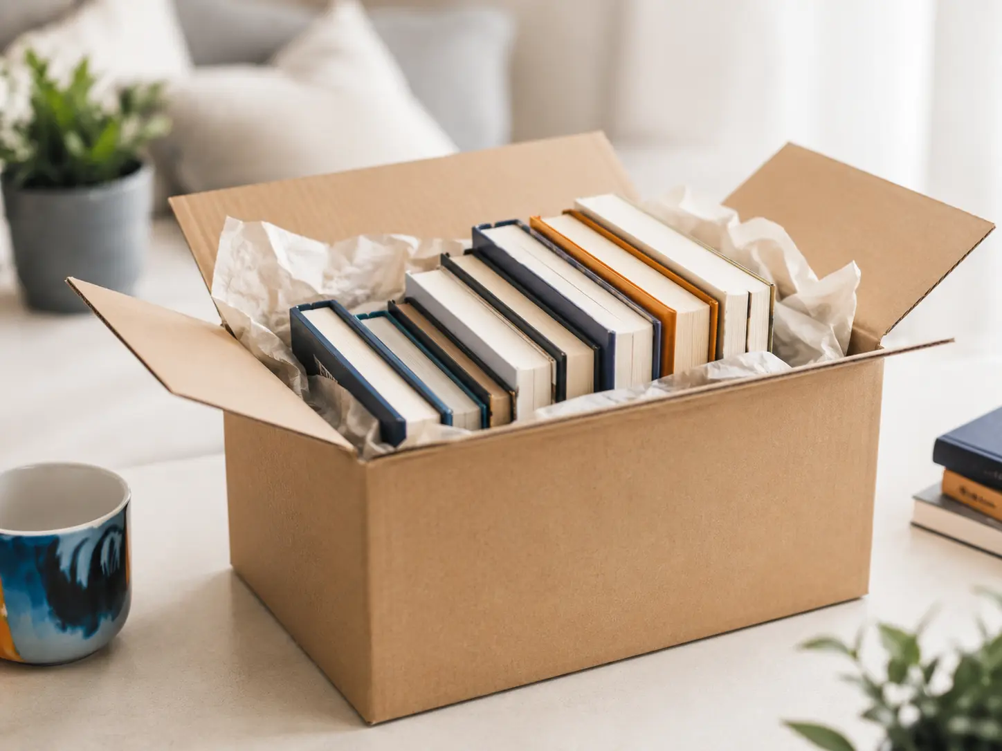 Books being packed carefully into a cardboard box